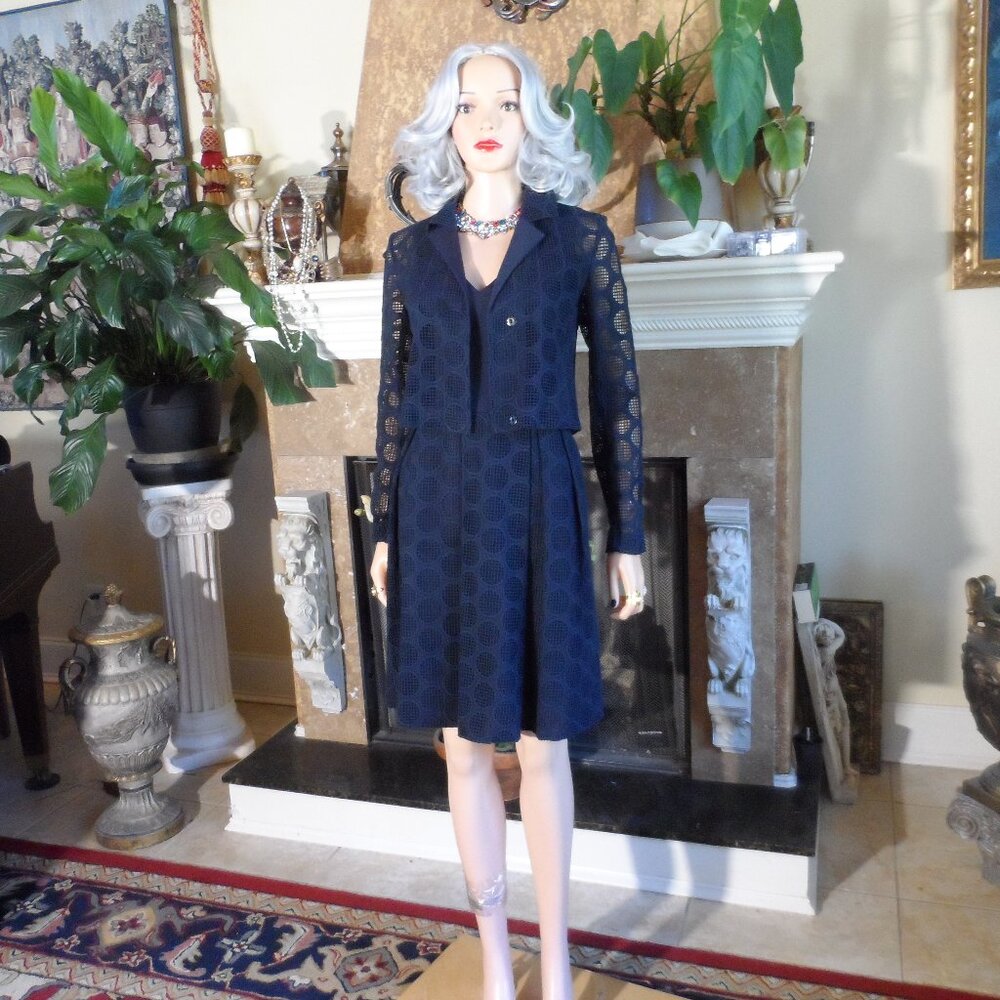 Akris Punto Navy Blue Embroidered Guipure Lace Pleated Dress & Jacket Set–Size 2